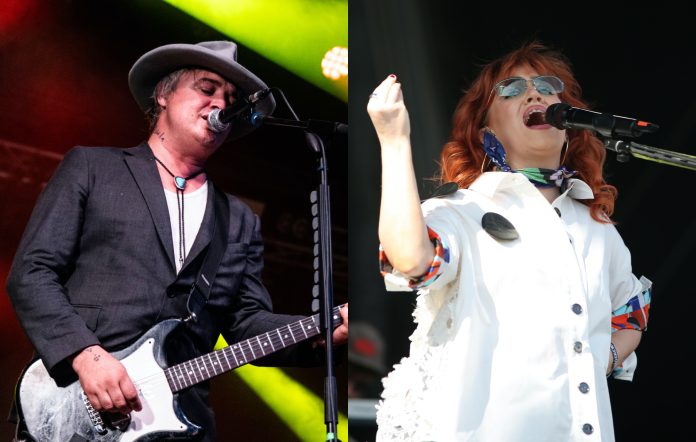 two side by side pictures of Pete Doherty from The Libertines (left) and CMAT (right) performing live on stage